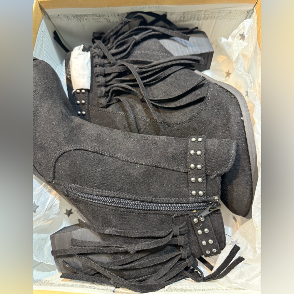 Very G Black Fringe Ankle Boots with Studs
